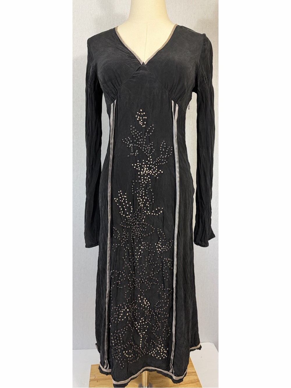 Stella Forest 100% silk Black Embellished Maxi Whimsygoth Grunge Gothic dress